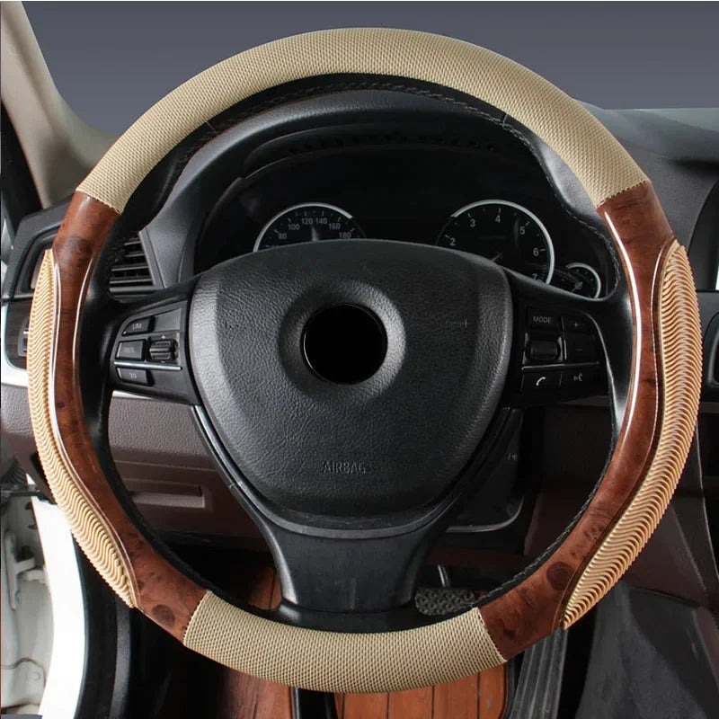 Wood Grain Steering Wheel Cover – PU Leather Anti-Slip Breathable 38cm Universal Fit - Delicate Leather  