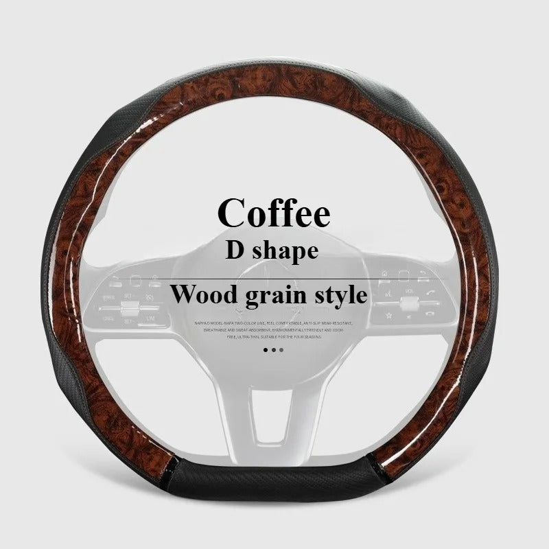 Wood Grain Leather Steering Wheel Cover – Universal 38CM Anti-Slip O/D Shape Grip - Delicate Leather