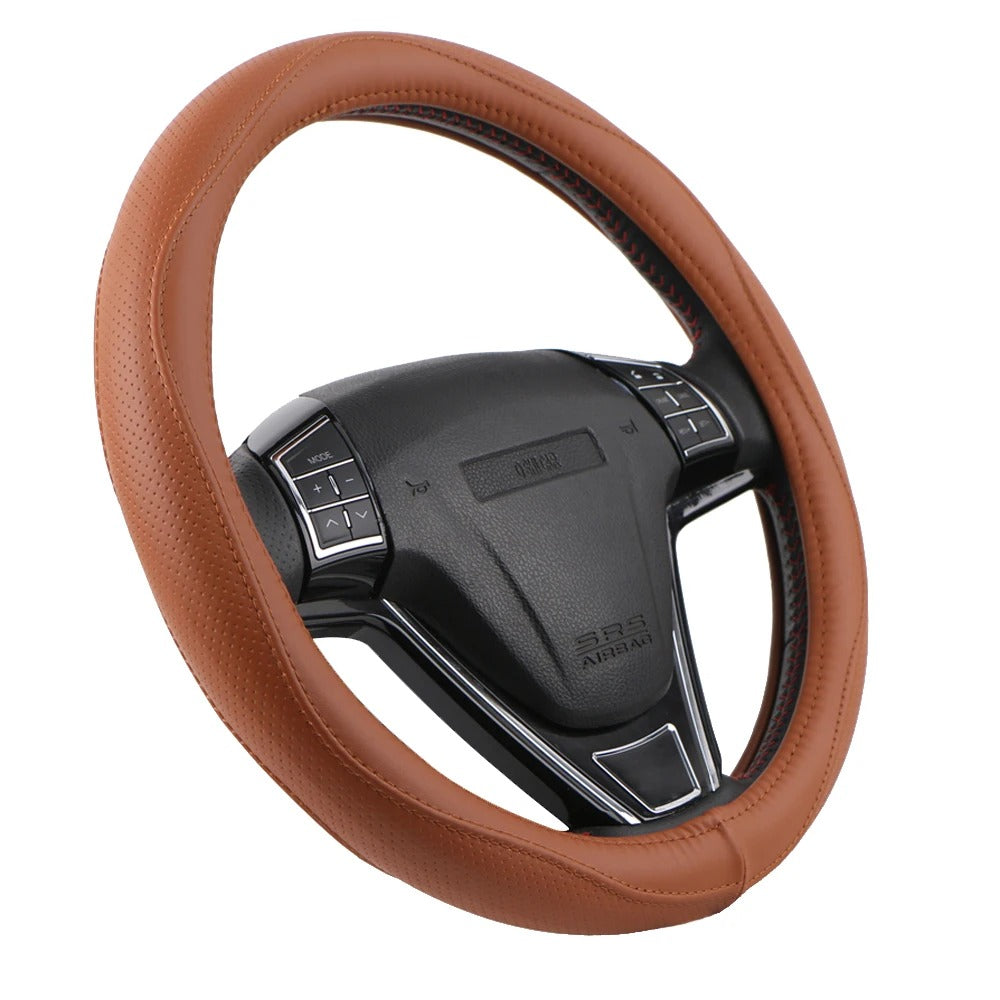 Universal Genuine Leather Steering Wheel Cover 38cm – Top Cowhide Perforated Non-Slip Silicone Car Steering Wheel Protector - Delicate Leather