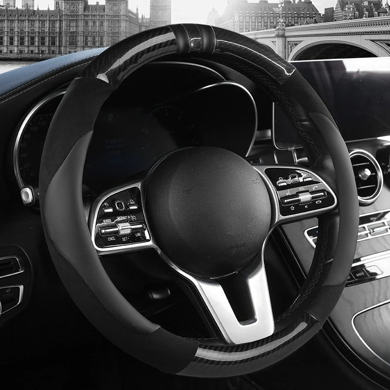 Color-Block Steering Wheel Cover – PU Leather & Suede with Carbon Fiber Style, Universal 14.5–15 Inch Fit