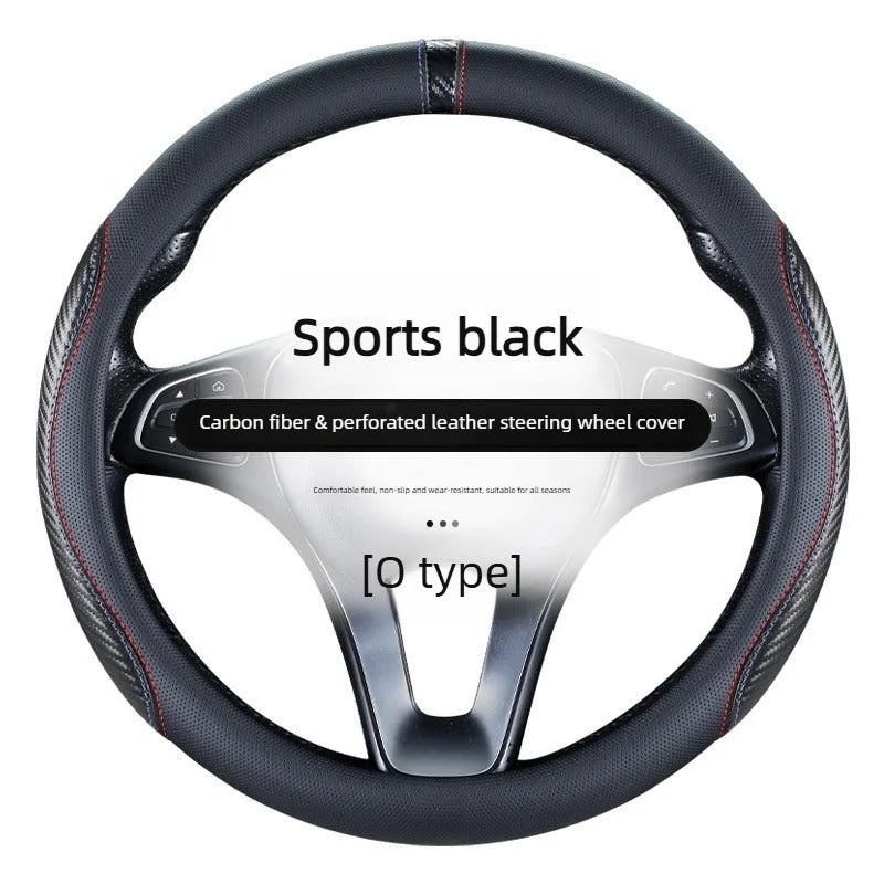 Carbon Fiber Microfiber Leather Steering Wheel Cover – Universal 37–38CM O/D Shape Non-Slip Grip - Delicate Leather