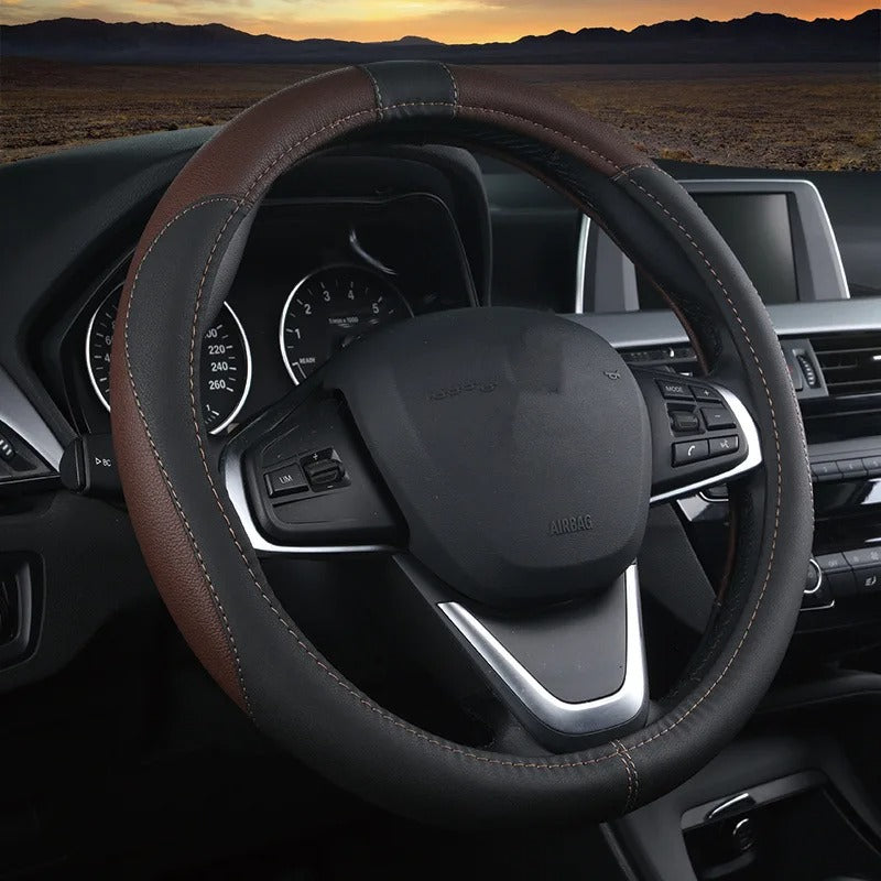 38CM Universal Faux Leather Steering Wheel Cover – Non-Slip Car Interior Handle Protector, All-Season Steering Wheel Wrap - Delicate Leather