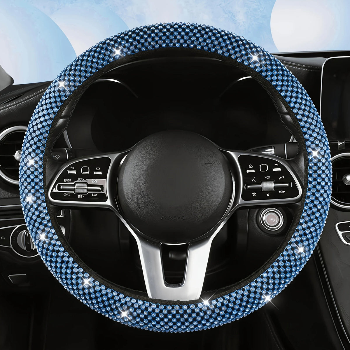 Rhinestone Car Steering Wheel Cover – O-Type Sparkly Diamond Non-Slip Grip - Delicate Leather