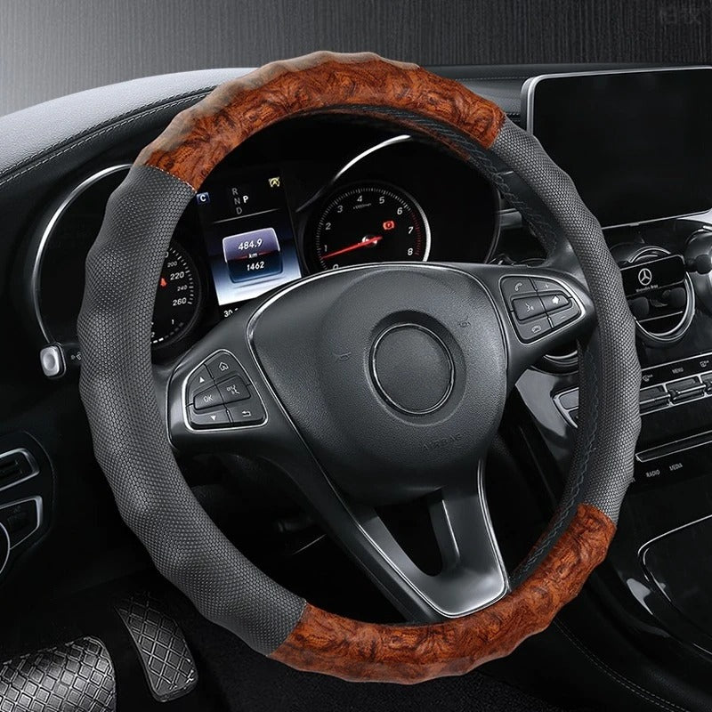 Wood Grain PU Leather Steering Wheel Cover – Honeycomb Non-Slip Grip 38CM/15-Inch - Delicate Leather