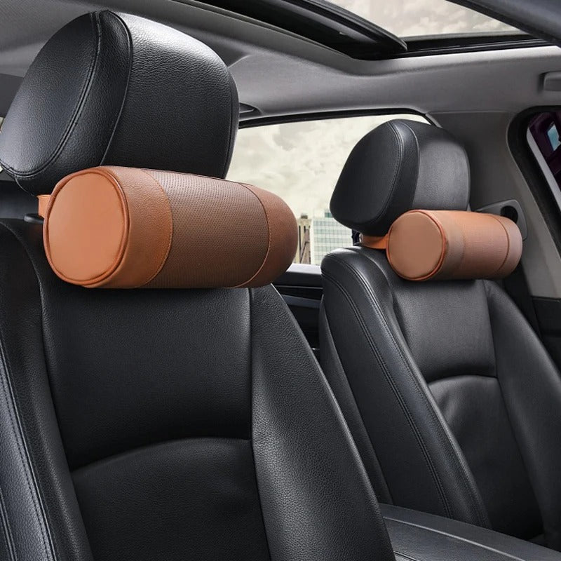 Genuine Cowhide Leather Car Neck Pillow – Cylindrical Memory Foam Cushion for Car & Office - Delicate Leather