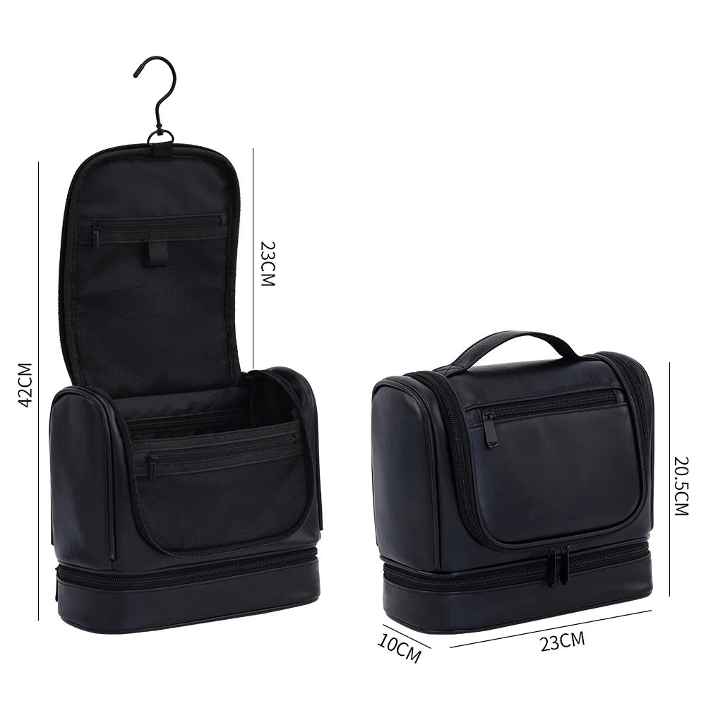 Men's PU Leather Toiletry Bag – Large Capacity Waterproof Travel Toiletry & Makeup Storage Bag with Handle - Delicate Leather