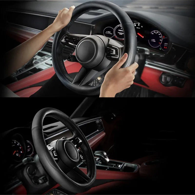 Universal Leather Steering Wheel Cover – Breathable Non-Slip 37–38 cm Steering Wheel Protector - Delicate Leather