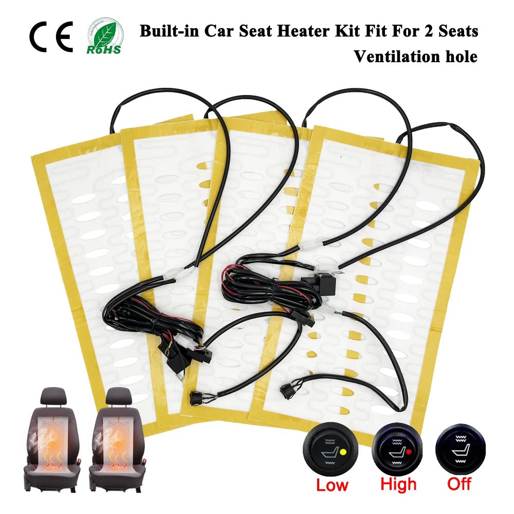 12V 100W Universal Car Seat Heater Kit for 2 Seats – Alloy Wire Heating Pads with Ventilation Holes & 2-Level Switch - Delicate Leather