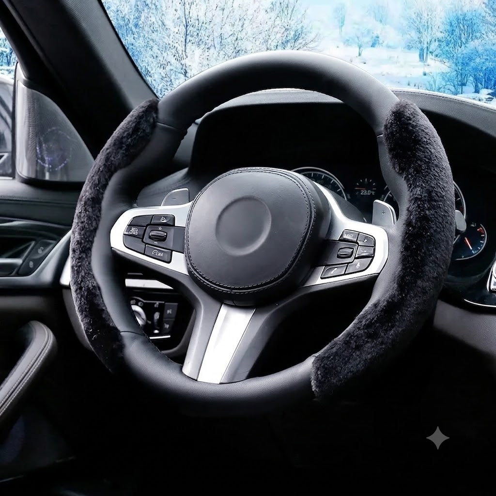 2PCS Plush Steering Wheel Cover – Winter Warm Soft Non-Slip Grip Set - Delicate Leather