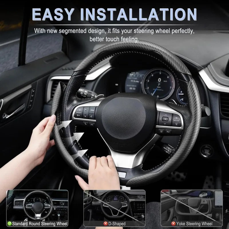 3PCS Carbon Fiber Texture Steering Wheel Cover Set – Anti-Slip Universal 38cm Fit - Delicate Leather  