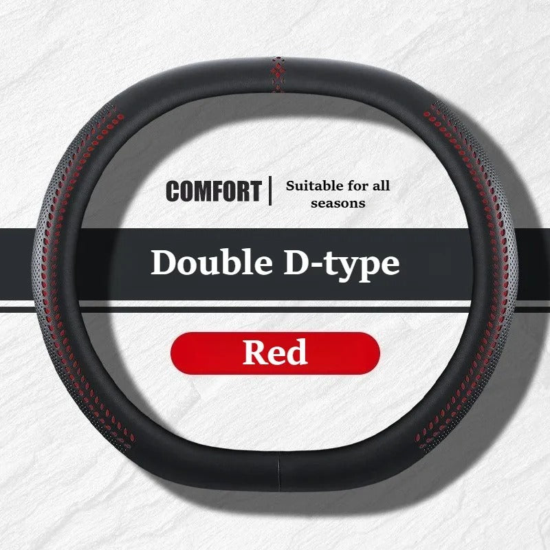 Universal Nappa Leather Steering Wheel Cover 38cm – O-Type, D-Type & Double D Non-Slip Car Steering Wheel Protector - Delicate Leather