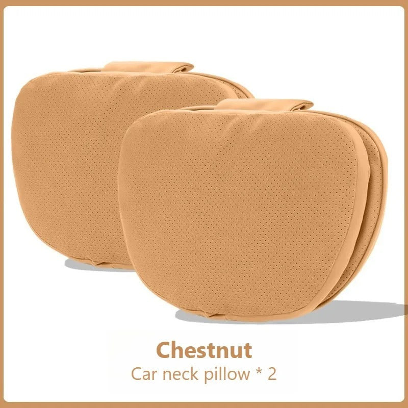 Soft Suede Car Neck & Lumbar Support Pillow Set – Memory Foam Headrest Waist Cushion with Double-Sided Design - Delicate Leather