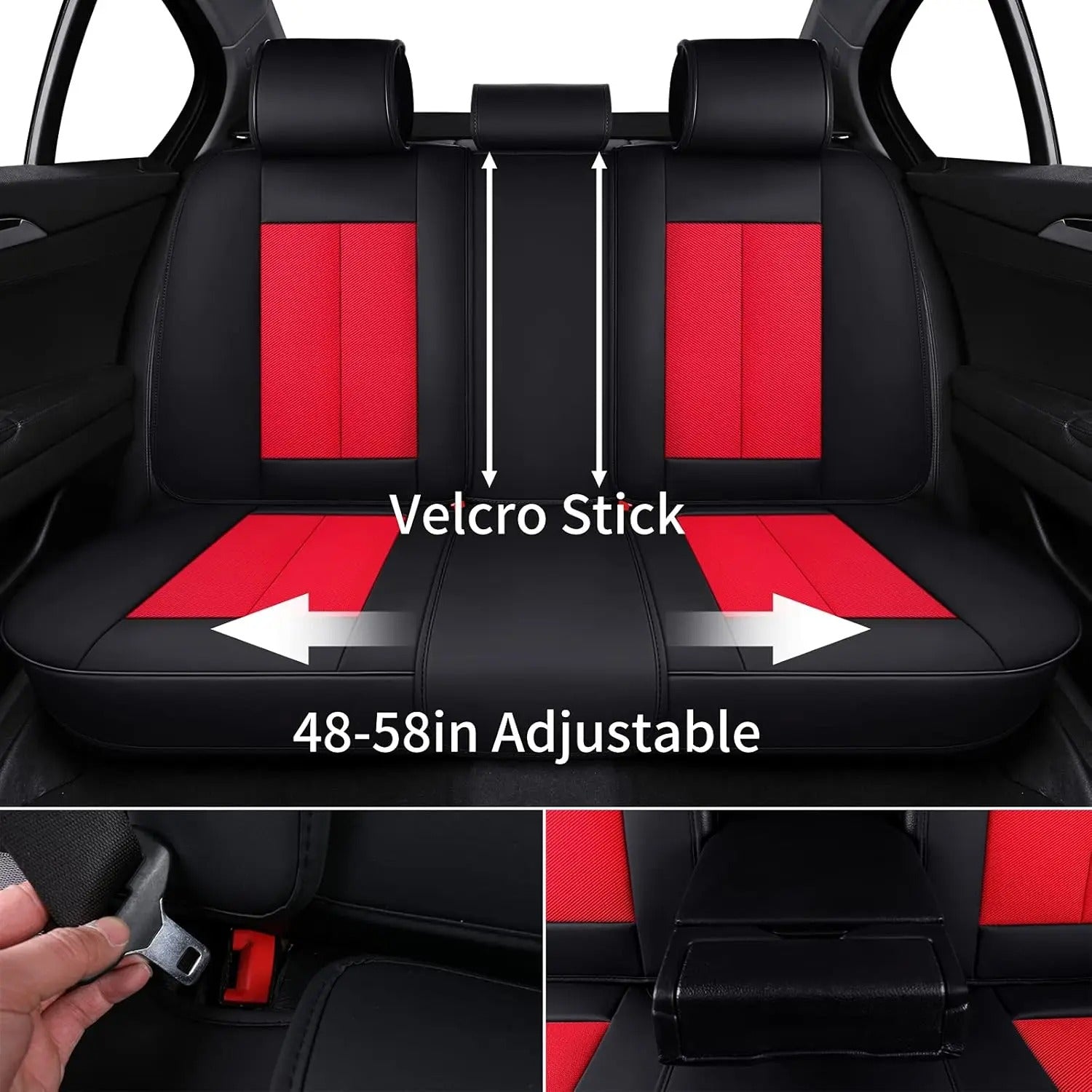 Seat Covers Full Set – Breathable Fabric & Leather, Waterproof, Universal Fit (Black/Red)
