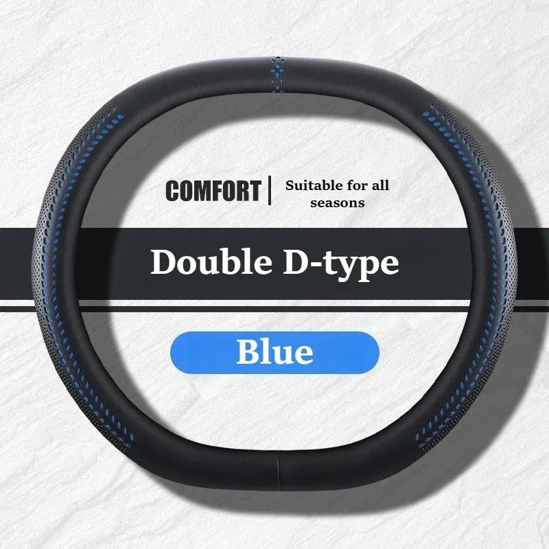 Universal Nappa Leather Steering Wheel Cover 38cm – O-Type, D-Type & Double D Non-Slip Car Steering Wheel Protector - Delicate Leather