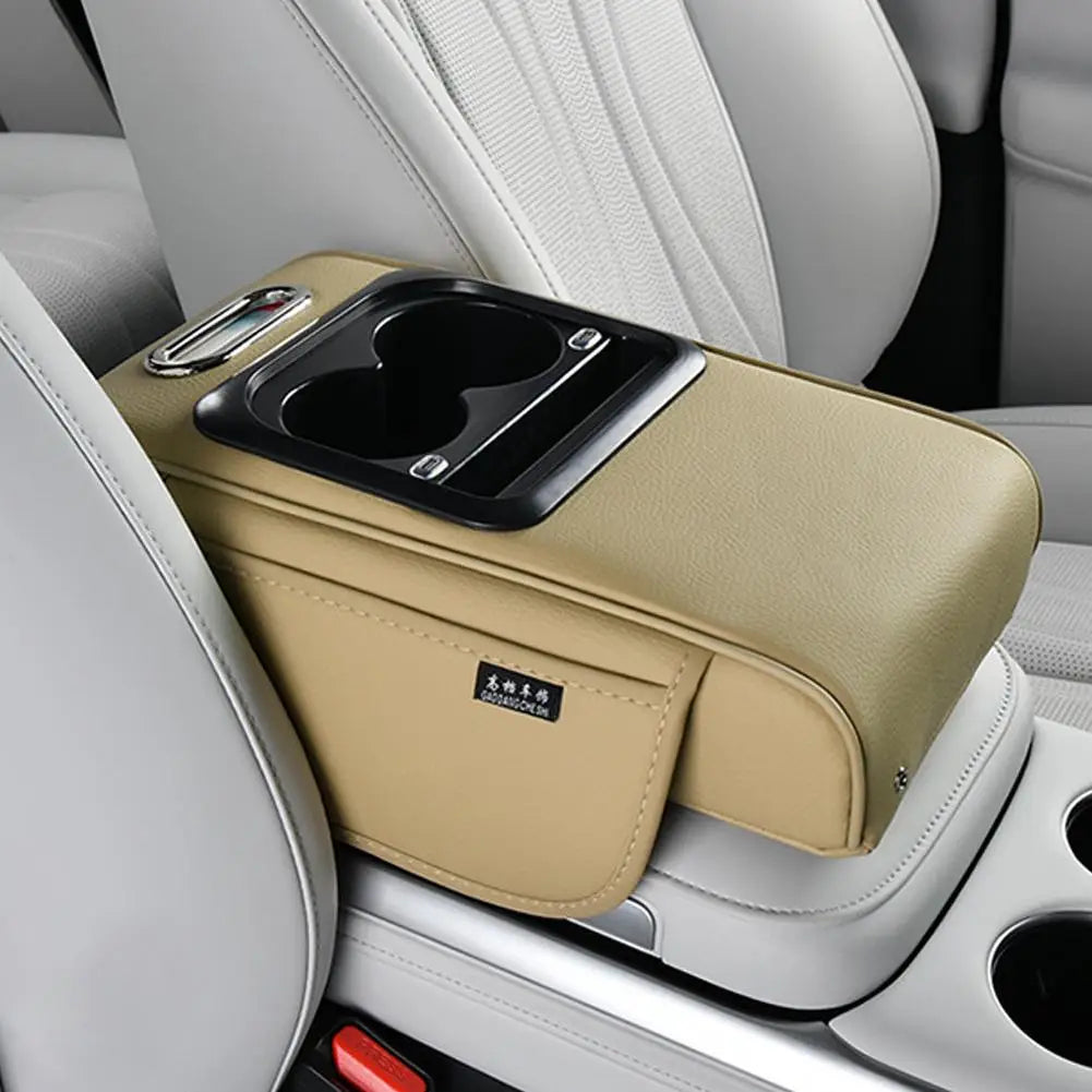 Multi-Functional Car Cup Holder & Armrest Organizer – Center Console Pad with Phone Storage - Delicate Leather  
