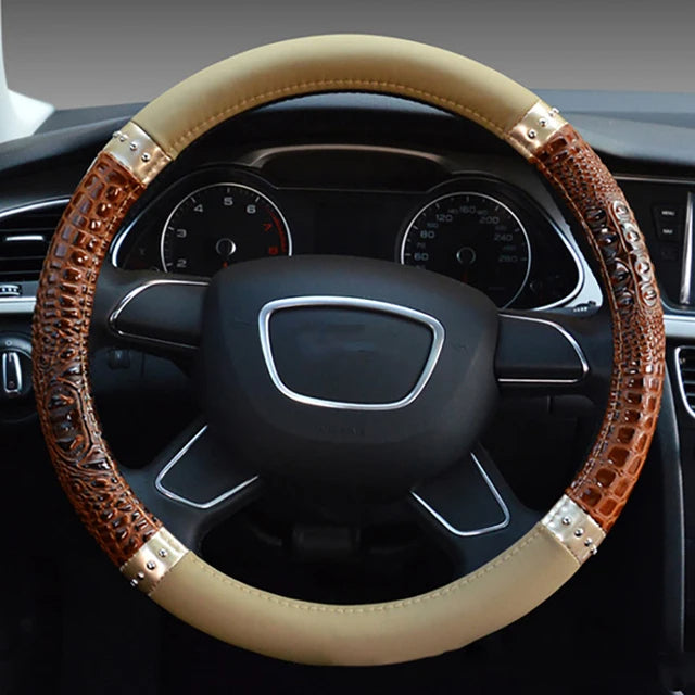 Crocodile Grain Leather Universal Car Steering Wheel Cover – Four Seasons Anti-Slip Sport Handle Case - Delicate Leather  