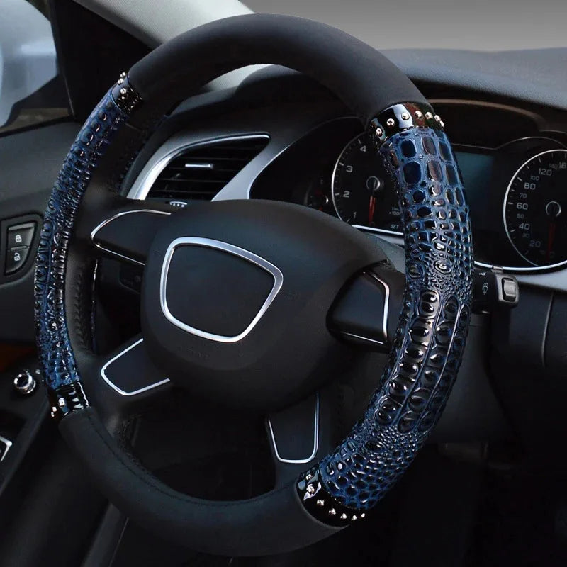 Crocodile Grain Leather Universal Car Steering Wheel Cover – Four Seasons Anti-Slip Sport Handle Case - Delicate Leather  