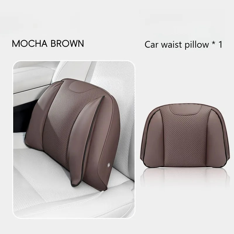 Nappa Leather Car Headrest & Lumbar Support Pillow Set – Universal Neck & Back Cushion - Delicate Leather