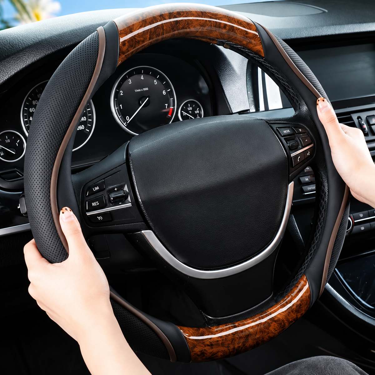 Truck Wood Grain Leather Steering Wheel Cover – 38–50 cm for Lorry, Van & Bus - Delicate Leather