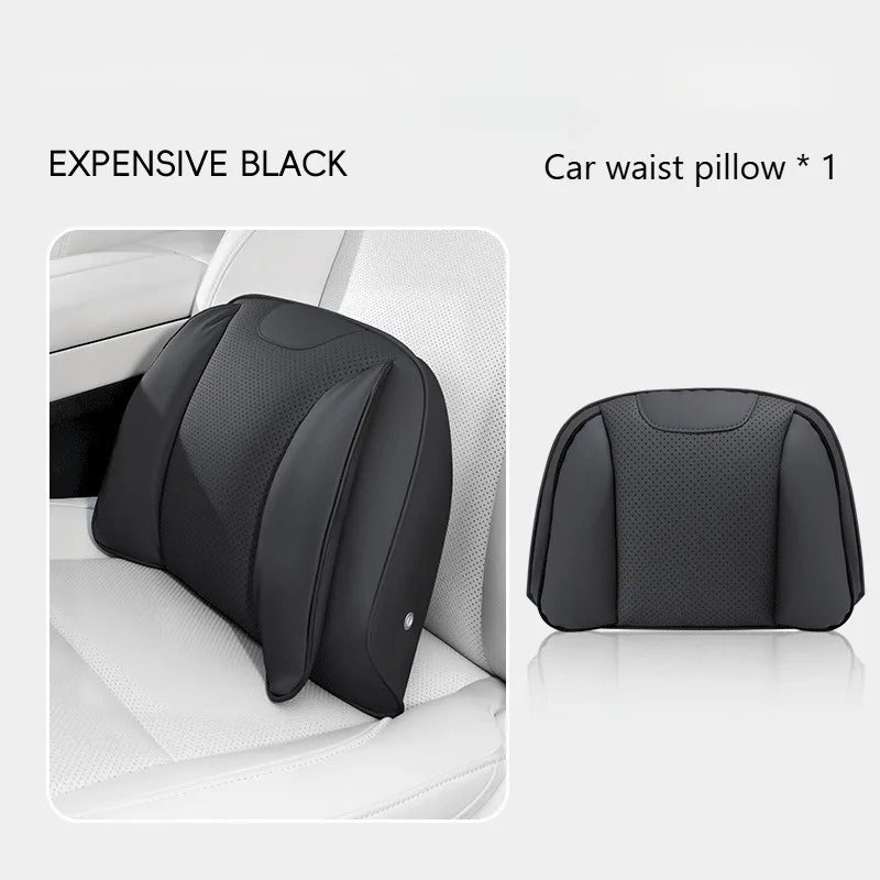 Nappa Leather Car Headrest & Lumbar Support Pillow Set – Universal Neck & Back Cushion - Delicate Leather