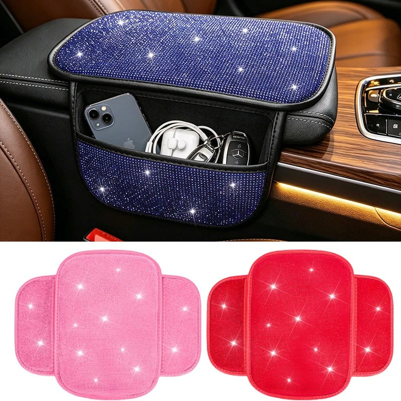Bling Car Armrest Cushion with Side Phone Pocket – Rhinestone Center Console Cover Pad Universal Auto Interior Accessory - Delicate Leather