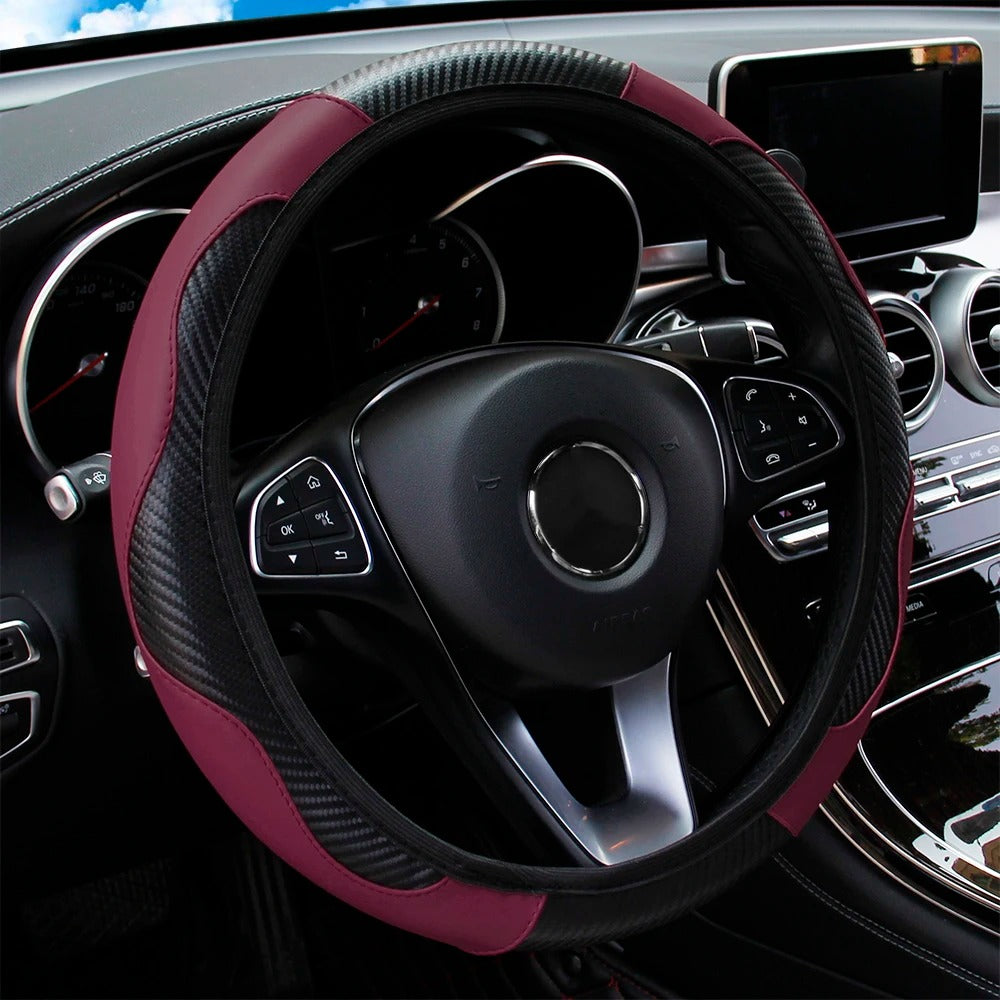 PU Carbon Fiber Steering Wheel Cover – Fits 14.5 to 15 Inch Wheels - Delicate Leather  