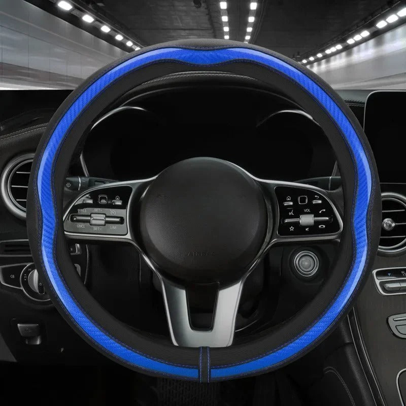 PU Leather and Carbon Fiber Steering Wheel Cover – Non-Slip Grip, Universal Fit 38 cm, All-Season Car Interior Accessory - Delicate Leather  