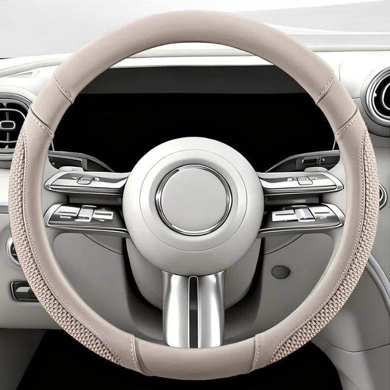 Ice Silk & Leather Steering Wheel Cover – Anti-Slip Universal All-Season Fit - Delicate Leather  