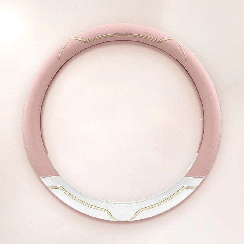 Universal Steering Wheel Cover – Pink and White, 15-Inch Anti-Slip Design - Delicate Leather  