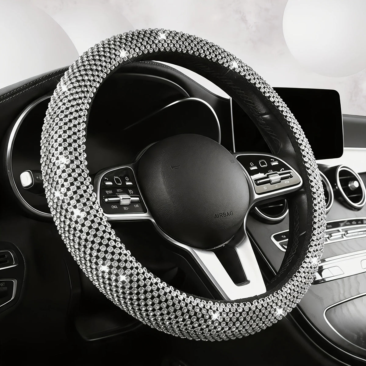 Rhinestone Car Steering Wheel Cover – O-Type Sparkly Diamond Non-Slip Grip - Delicate Leather
