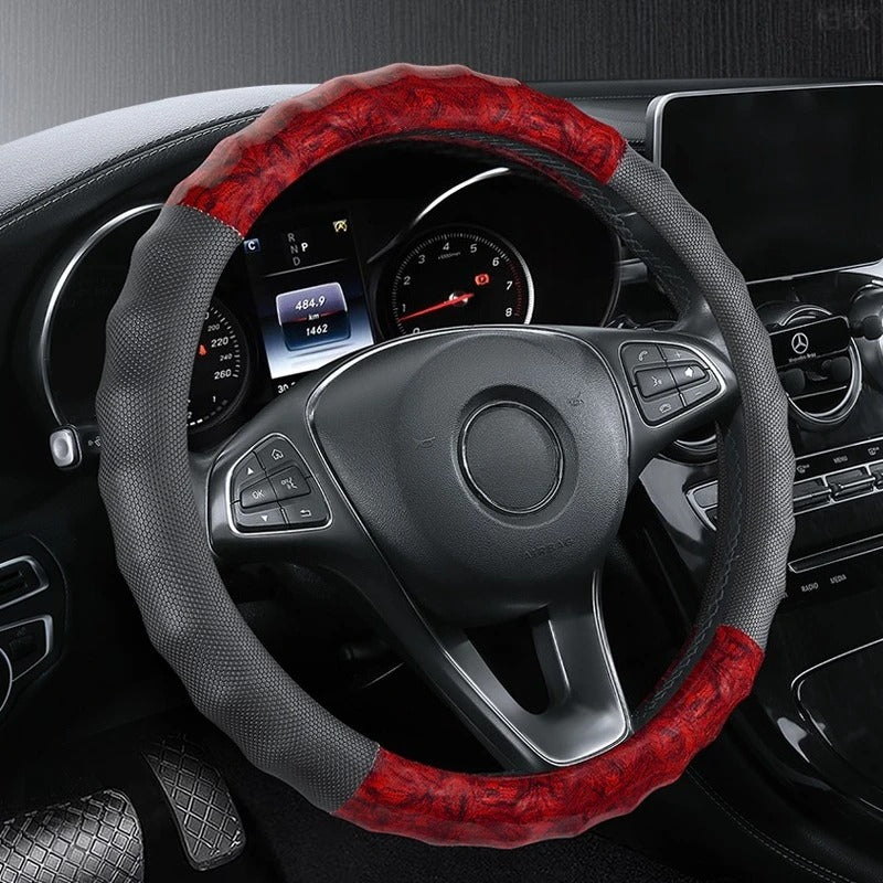 Wood Grain PU Leather Steering Wheel Cover – Honeycomb Non-Slip Grip 38CM/15-Inch - Delicate Leather