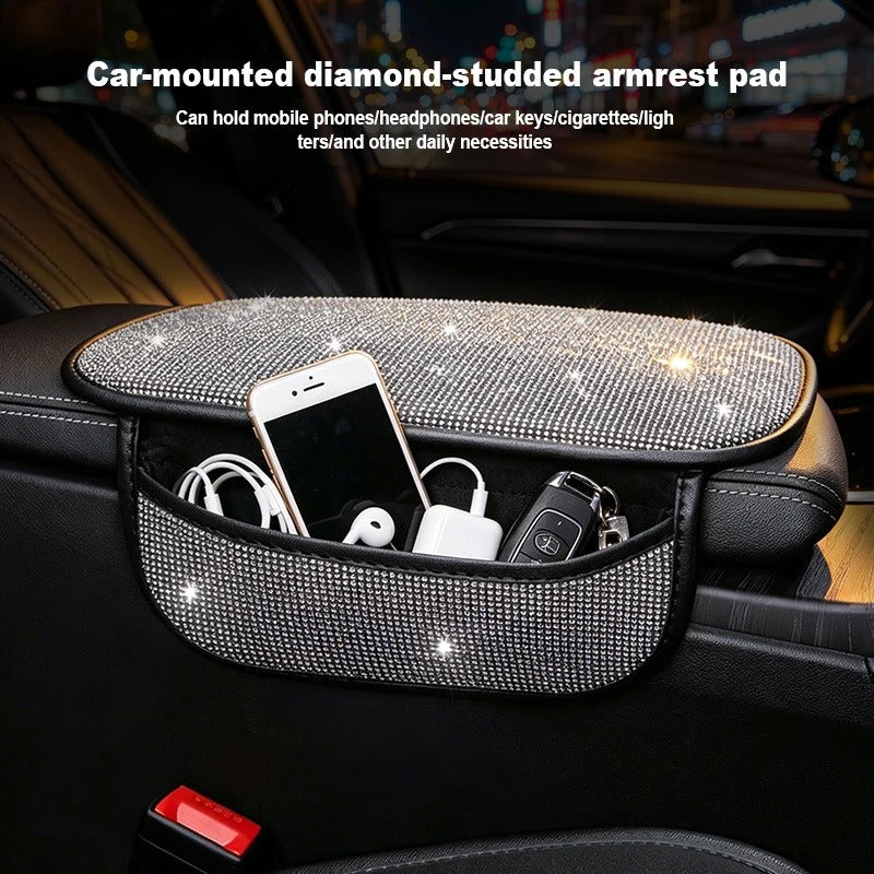 Bling Car Armrest Cushion with Side Phone Pocket – Rhinestone Center Console Cover Pad Universal Auto Interior Accessory - Delicate Leather