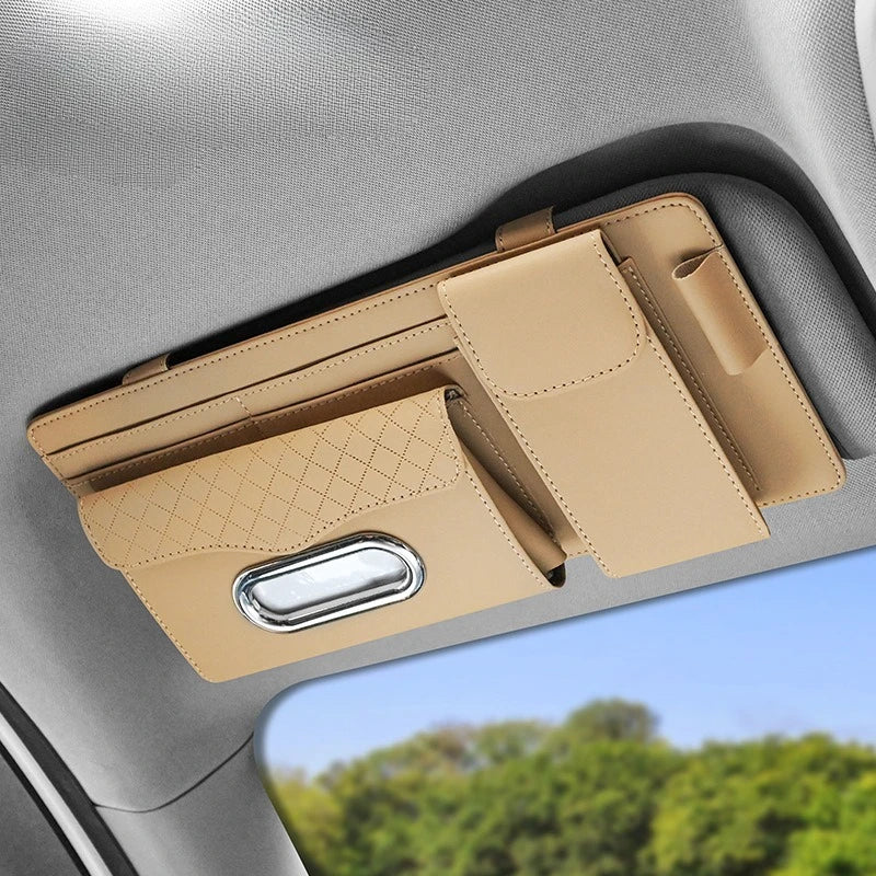 Suede Car Sun Visor Organizer – Glasses Case, Tissue Holder & Multi-Pocket Storage - Delicate Leather  