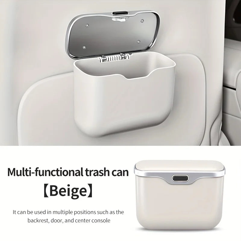 Car Trash Can with Lid and Mobile Phone Holder – 5L Rear Seat Hanging Storage Bin, Pressing-Type Square Waste Container - Delicate Leather  