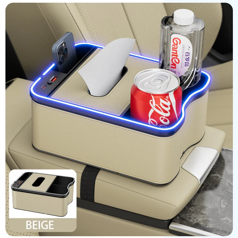 Car Armrest Storage Box with LED Ambient Light & Type-C USB Charger – Universal Center Console Organizer - Delicate Leather  