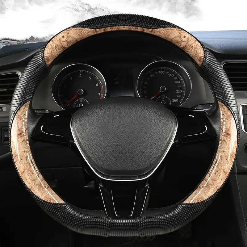 Wood Grain Leather Steering Wheel Cover – Universal 37–38CM Non-Slip O/D Shape Grip - Delicate Leather