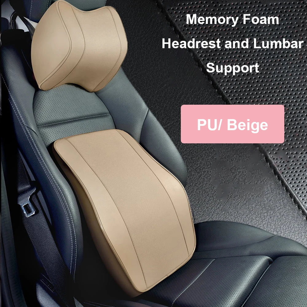 Universal Breathable Memory Foam Car Headrest Pillow – Neck Support Cushion & Lumbar Guard for Comfortable Driving - Delicate Leather  
