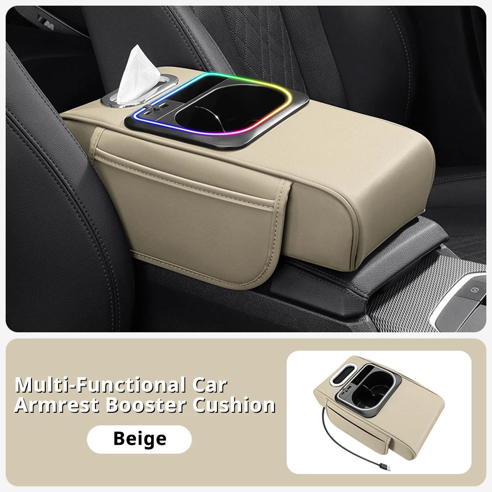 Multi-Functional Car Armrest Cushion with Storage Organizer, Cup Holder, Tissue Slot & Phone Holder - Delicate Leather  