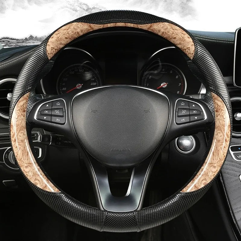 Wood Grain Leather Steering Wheel Cover – Universal 37–38CM Non-Slip O/D Shape Grip - Delicate Leather