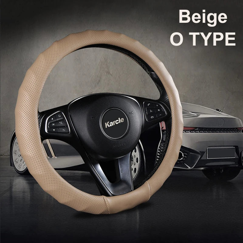 3D PU Leather Steering Wheel Cover – Universal 15 Inch O/D Type, Anti-Slip Grip, Four-Season Car Interior Protection - Delicate Leather  