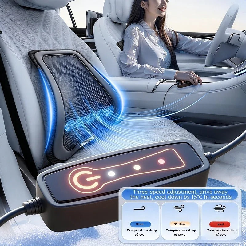 Ventilated Car Lumbar Support Cushion with Fan – Seat Back Comfort Cushion - Delicate Leather  