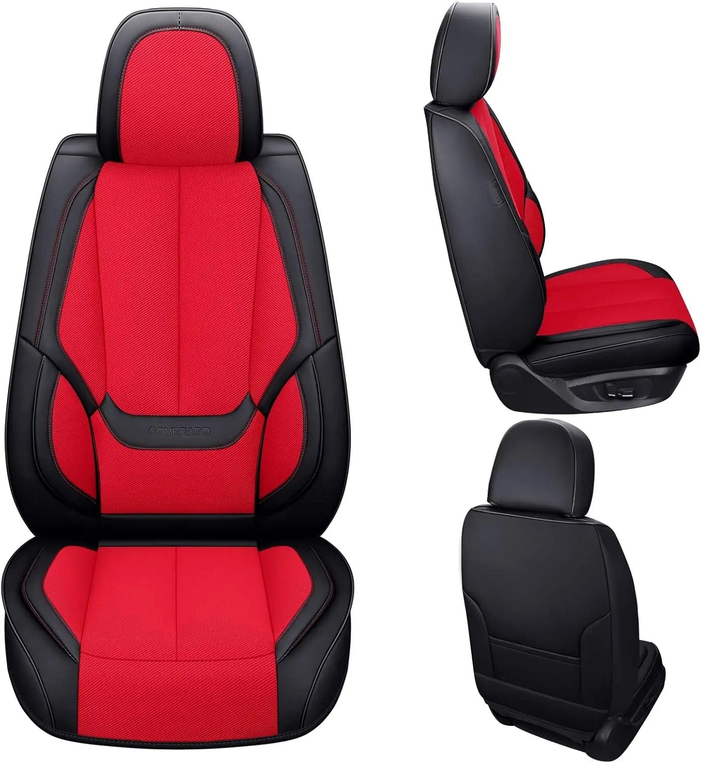 Seat Covers Full Set – Breathable Fabric & Leather, Waterproof, Universal Fit (Black/Red)