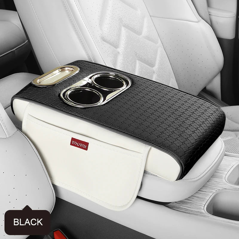 Weaving Leather Car Armrest Organizer – Center Console Cover with Cup Holders - Delicate Leather  