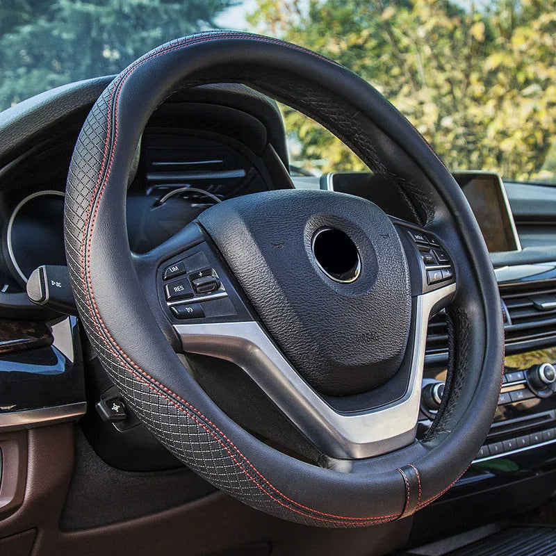Steering Wheel Cover 37-38cm – Anti-Slip Diamond Wave Pattern Leather Car Handle Cover - Delicate Leather  