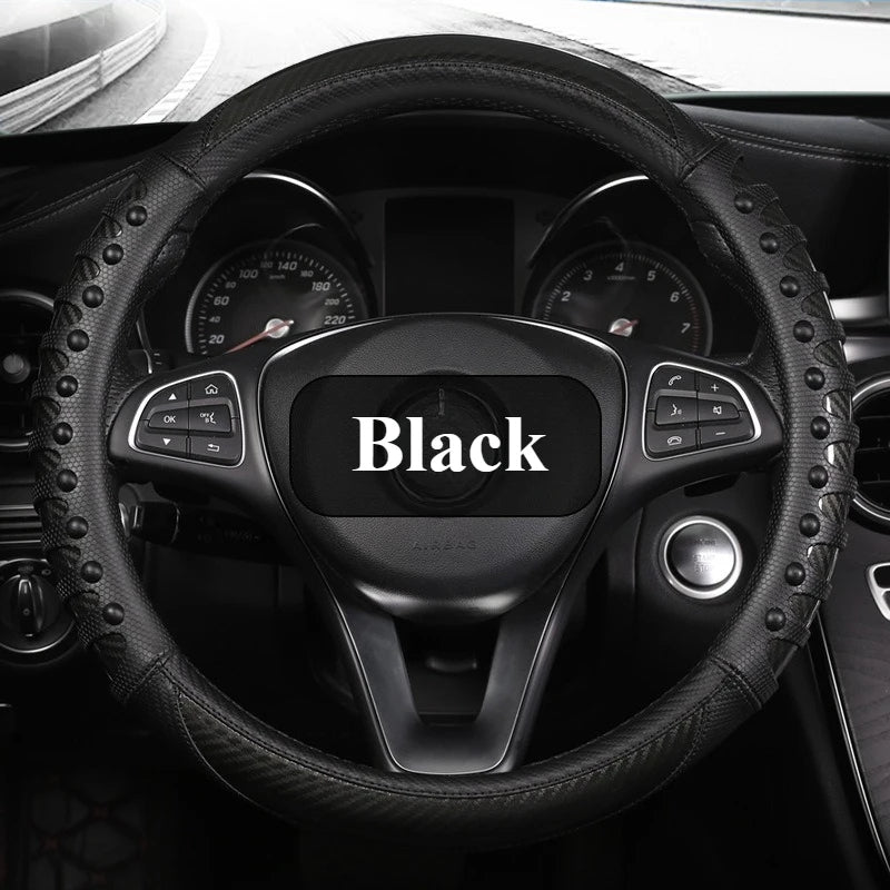 Carbon Fiber Leather Steering Wheel Cover – Universal Non-Slip Grip, Breathable Interior Car Accessory for 14.5–15 Inch Wheels - Delicate Leather  