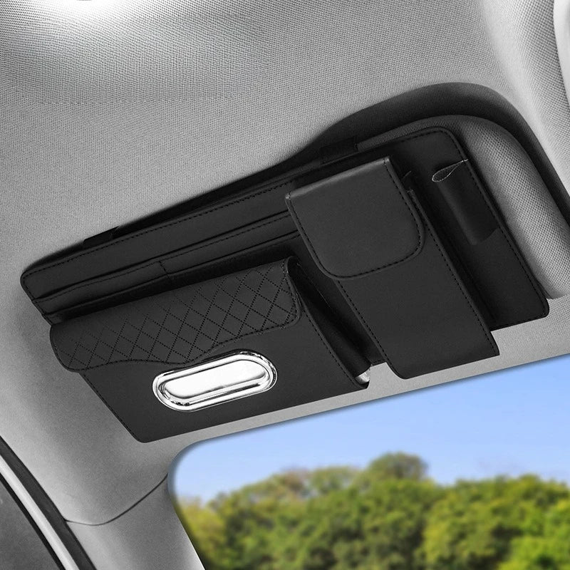 Suede Car Sun Visor Organizer – Glasses Case, Tissue Holder & Multi-Pocket Storage - Delicate Leather  