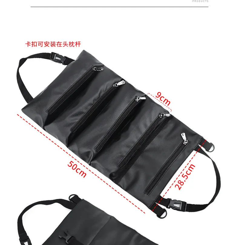 Leather Car Seat Back Roll-Up Tool Bag – Multifunction Backseat Storage Bucket & Emergency Kit Holder - Delicate Leather  