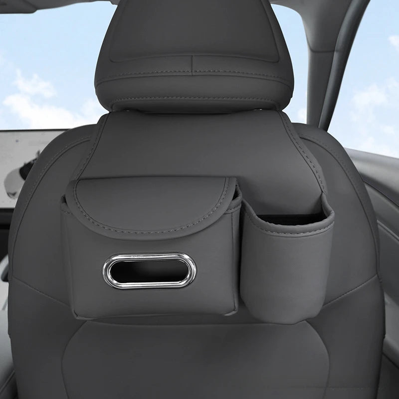 Leather Car Headrest Storage Bag – Backseat Hanging Organizer with Tissue & Cup Holder - Delicate Leather  