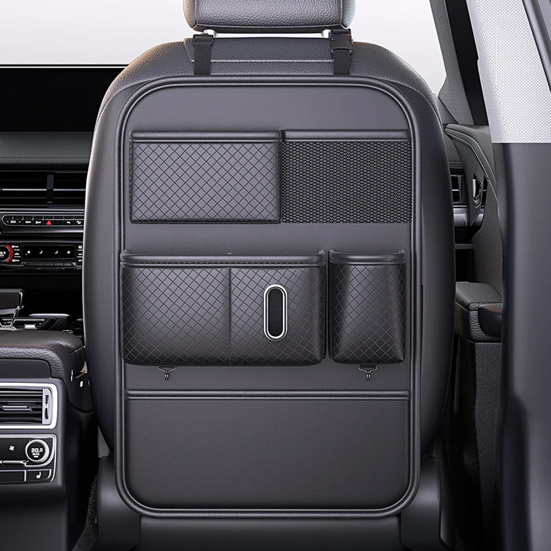 Car Backseat Organizer with Tissue Box – Black Leather Storage Bag with Pockets for Phone, Bottle, and Umbrella - Delicate Leather  