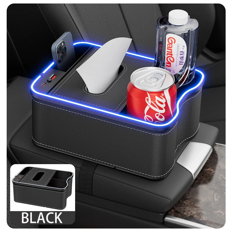 Car Armrest Storage Box with LED Ambient Light & Type-C USB Charger – Universal Center Console Organizer - Delicate Leather  
